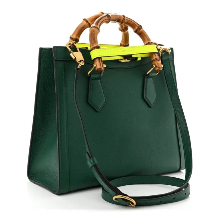 Small Diana Tote Bag Green Grain Calfskin Leather Yellow Fluo