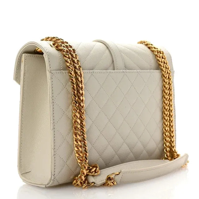 Medium Triquilt Quilted Satchel Cream Textured Leather Gold-Tone Hardware