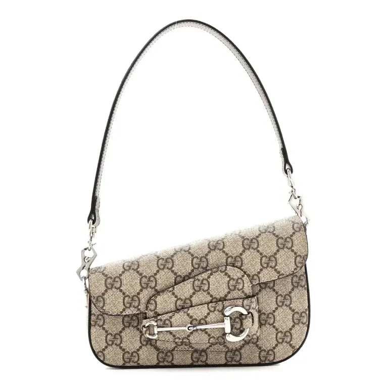 Small Horsebit Asymmetric Shoulder Bag Beige Ebony GG Supreme Canvas Silver-Tone Hardware