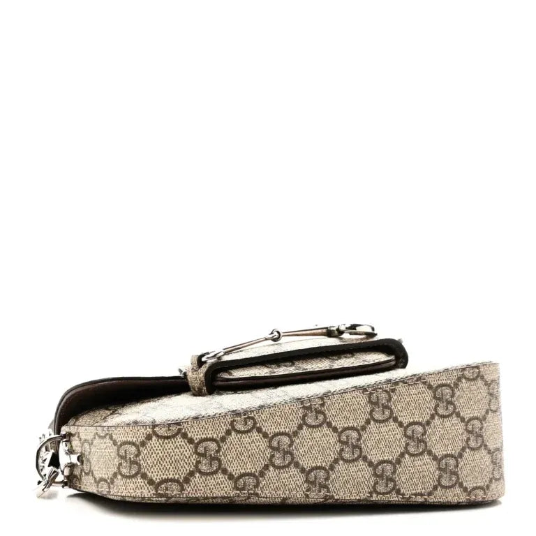 Small Horsebit Asymmetric Shoulder Bag Beige Ebony GG Supreme Canvas Silver-Tone Hardware