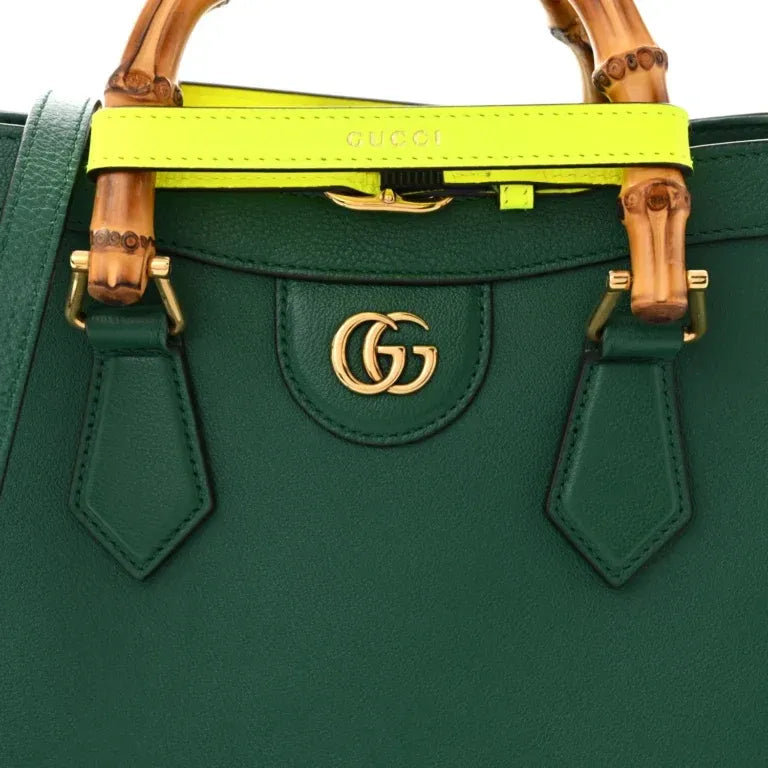 Small Diana Tote Bag Green Grain Calfskin Leather Yellow Fluo