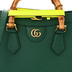 Small Diana Tote Bag Green Grain Calfskin Leather Yellow Fluo