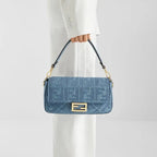 Medium Baguette Shoulder Bag Blue Woven Raffia-Effect Material FF Embroidery