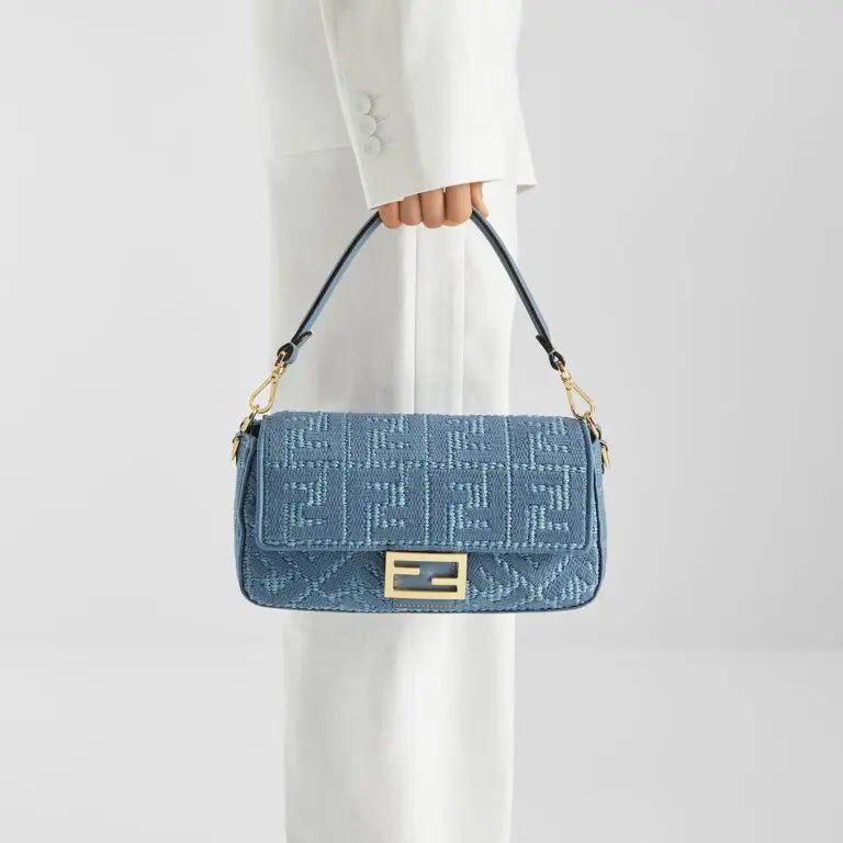 Medium Baguette Shoulder Bag Blue Woven Raffia-Effect Material FF Embroidery