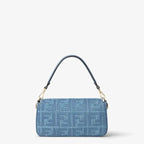 Medium Baguette Shoulder Bag Blue Woven Raffia-Effect Material FF Embroidery