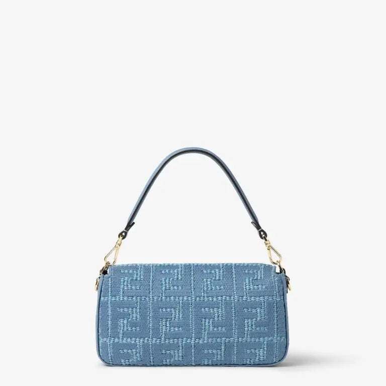 Medium Baguette Shoulder Bag Blue Woven Raffia-Effect Material FF Embroidery