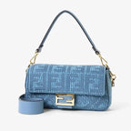 Medium Baguette Shoulder Bag Blue Woven Raffia-Effect Material FF Embroidery