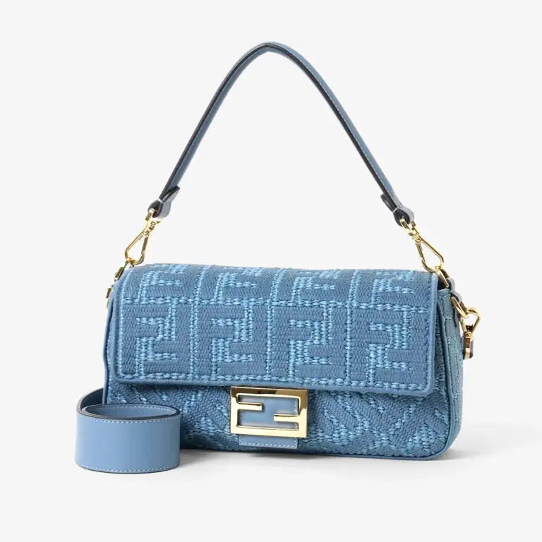 Medium Baguette Shoulder Bag Blue Woven Raffia-Effect Material FF Embroidery