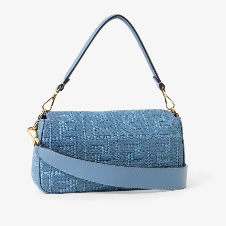 Medium Baguette Shoulder Bag Blue Woven Raffia-Effect Material FF Embroidery