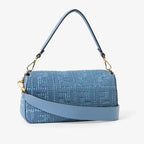 Medium Baguette Shoulder Bag Blue Woven Raffia-Effect Material FF Embroidery
