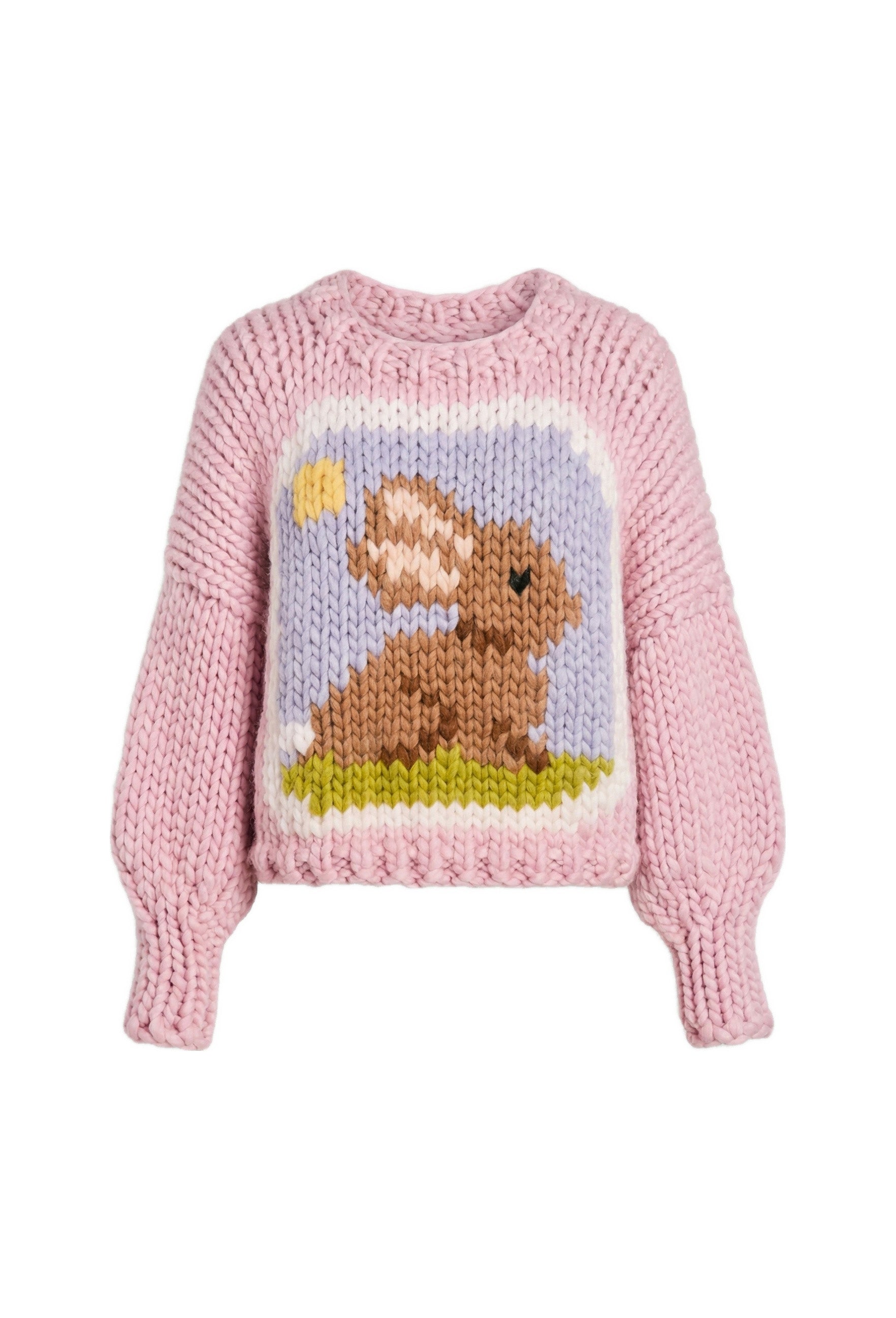 Klarza chunky knit merino wool sweater with bunny graphic in pink