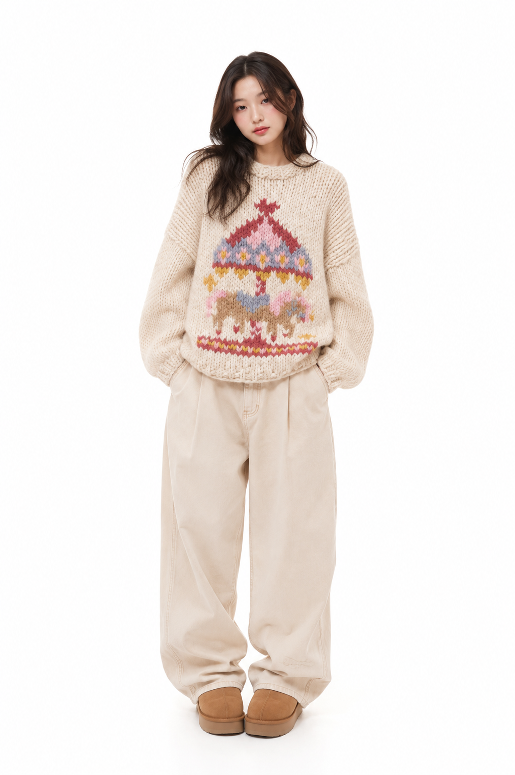 Klarza warm beige alpaca sweater with carousel graphic – additional view 1