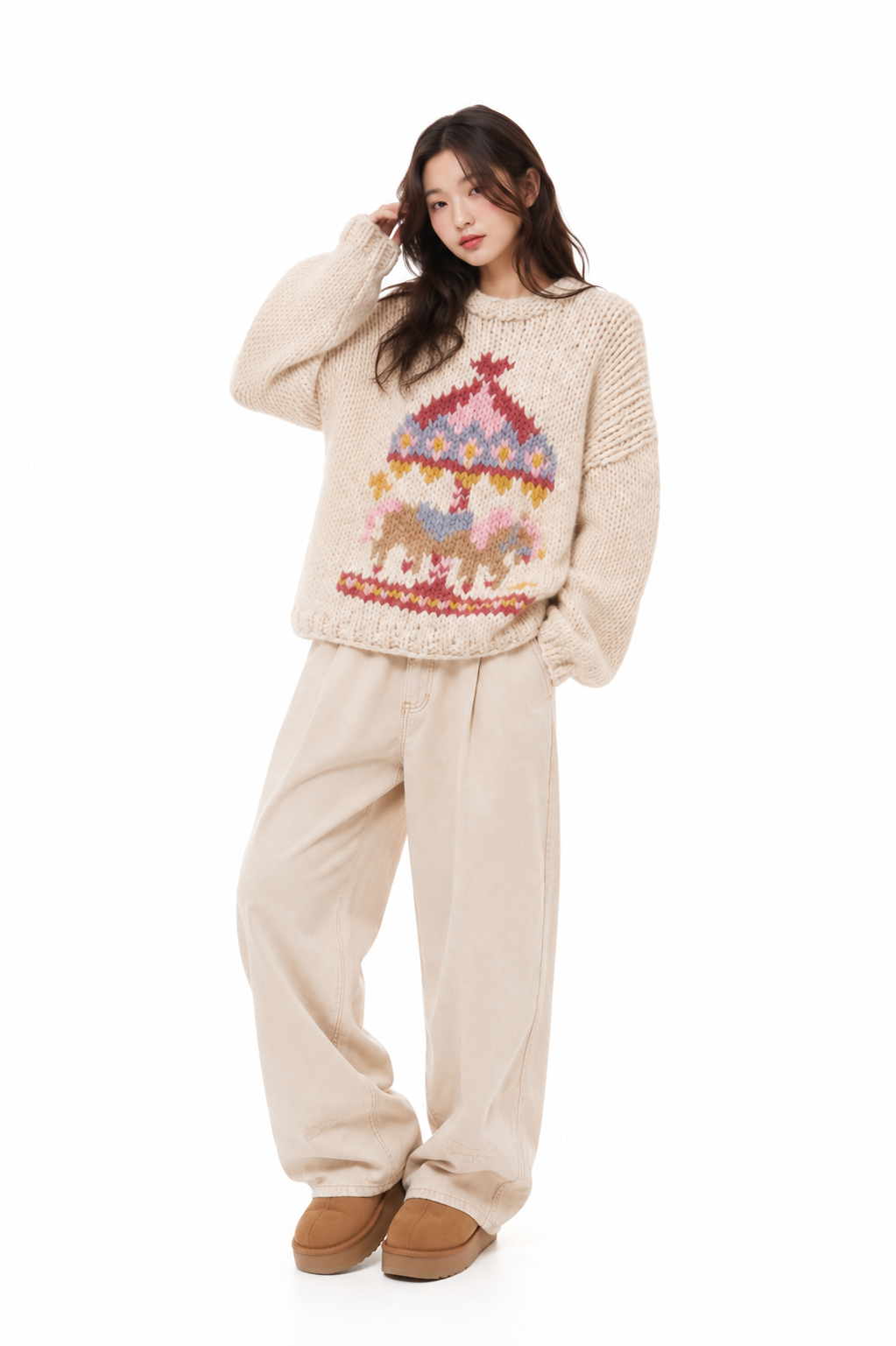Klarza warm beige alpaca sweater with carousel graphic – additional view 3