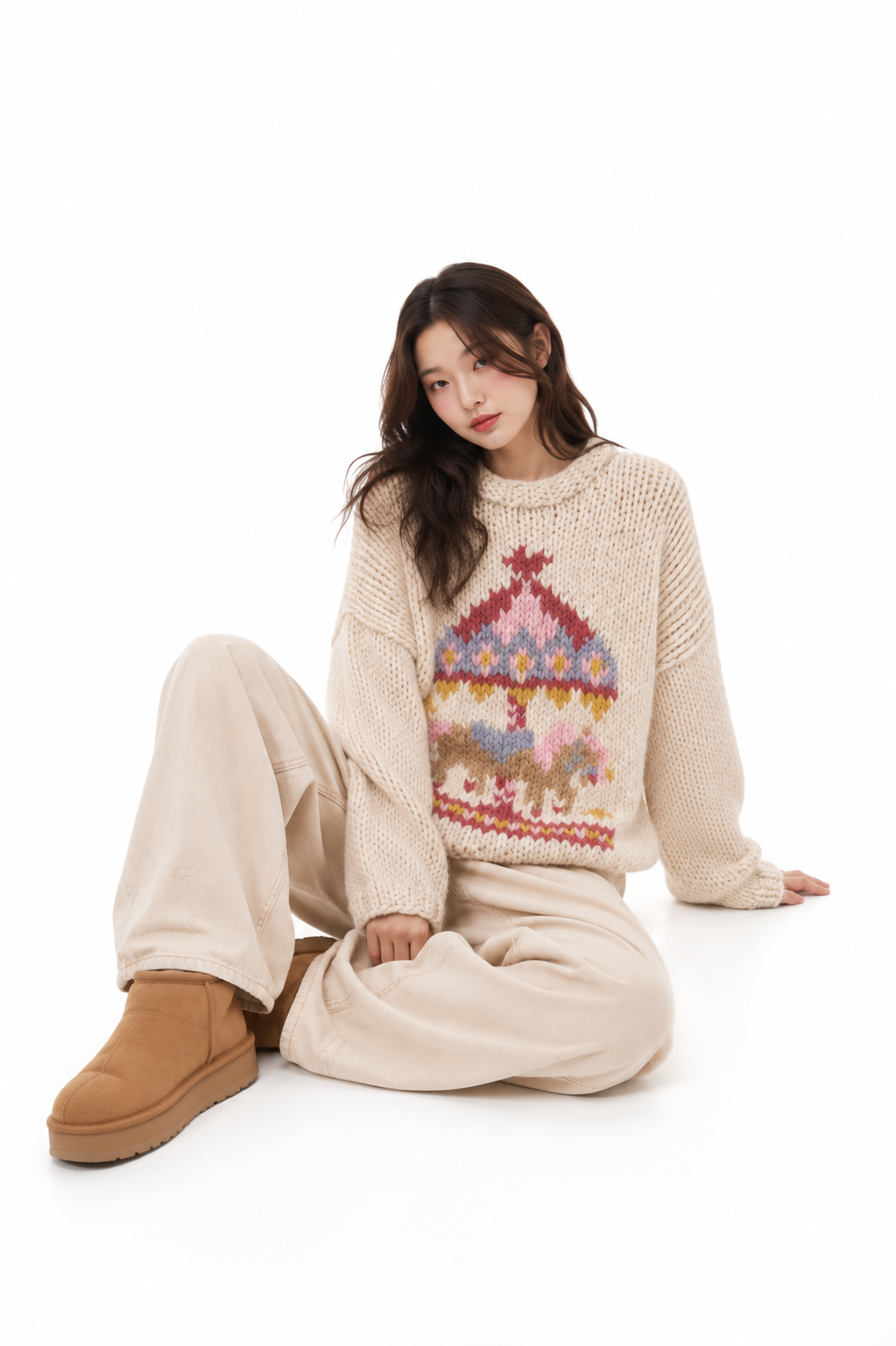 Klarza warm beige alpaca sweater with carousel graphic – additional view 2