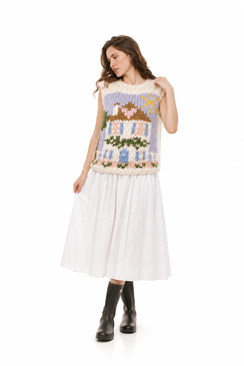 Klarza white chunky knit vest with house graphic – additional view 2