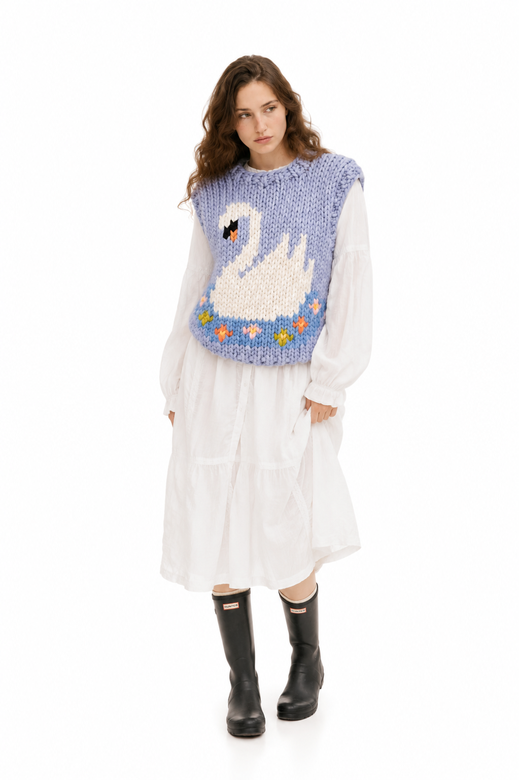 Klarza blue chunky knit vest with swan graphic – additional view 2