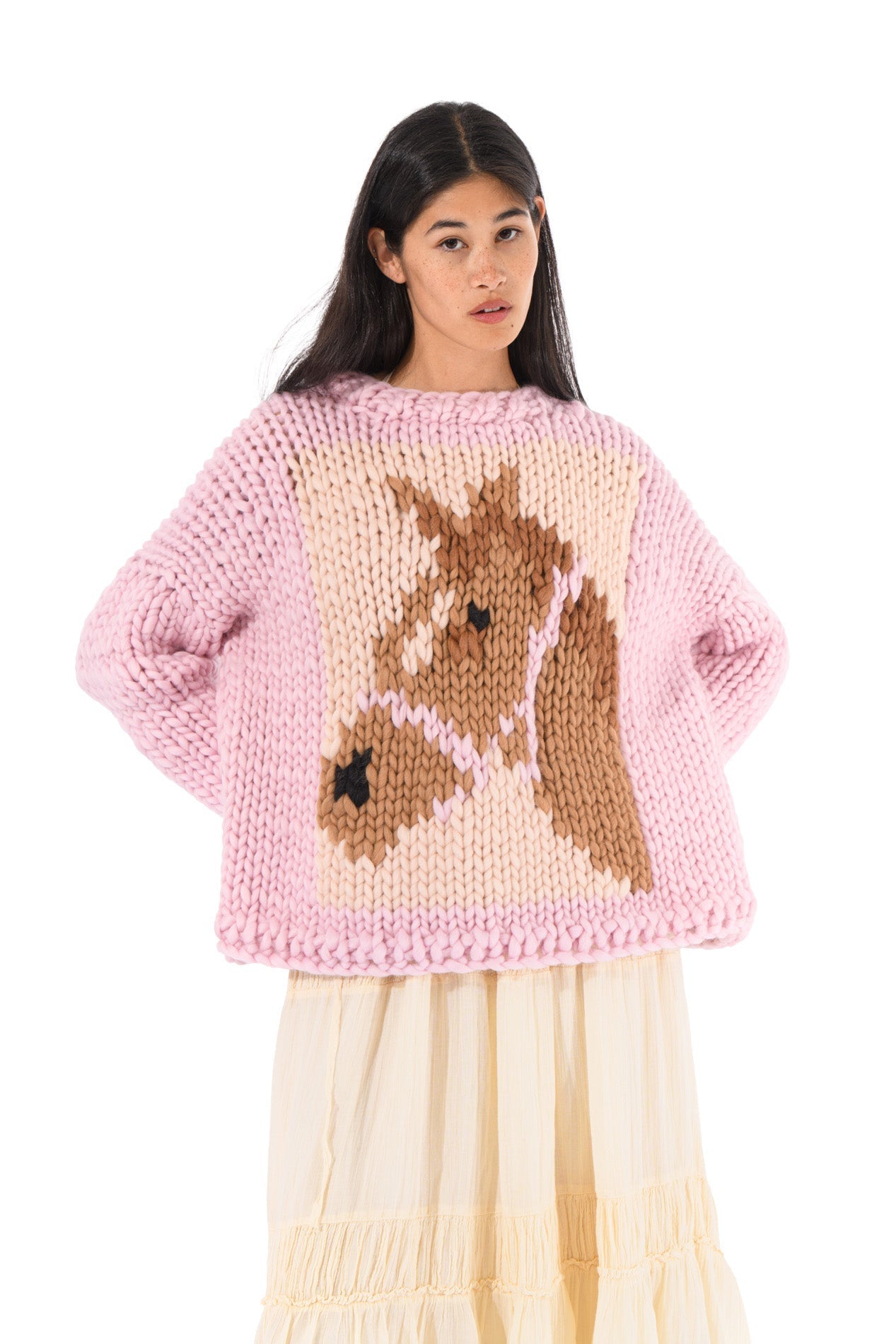 Klarza pink chunky knit sweater with horse graphic – additional view 2