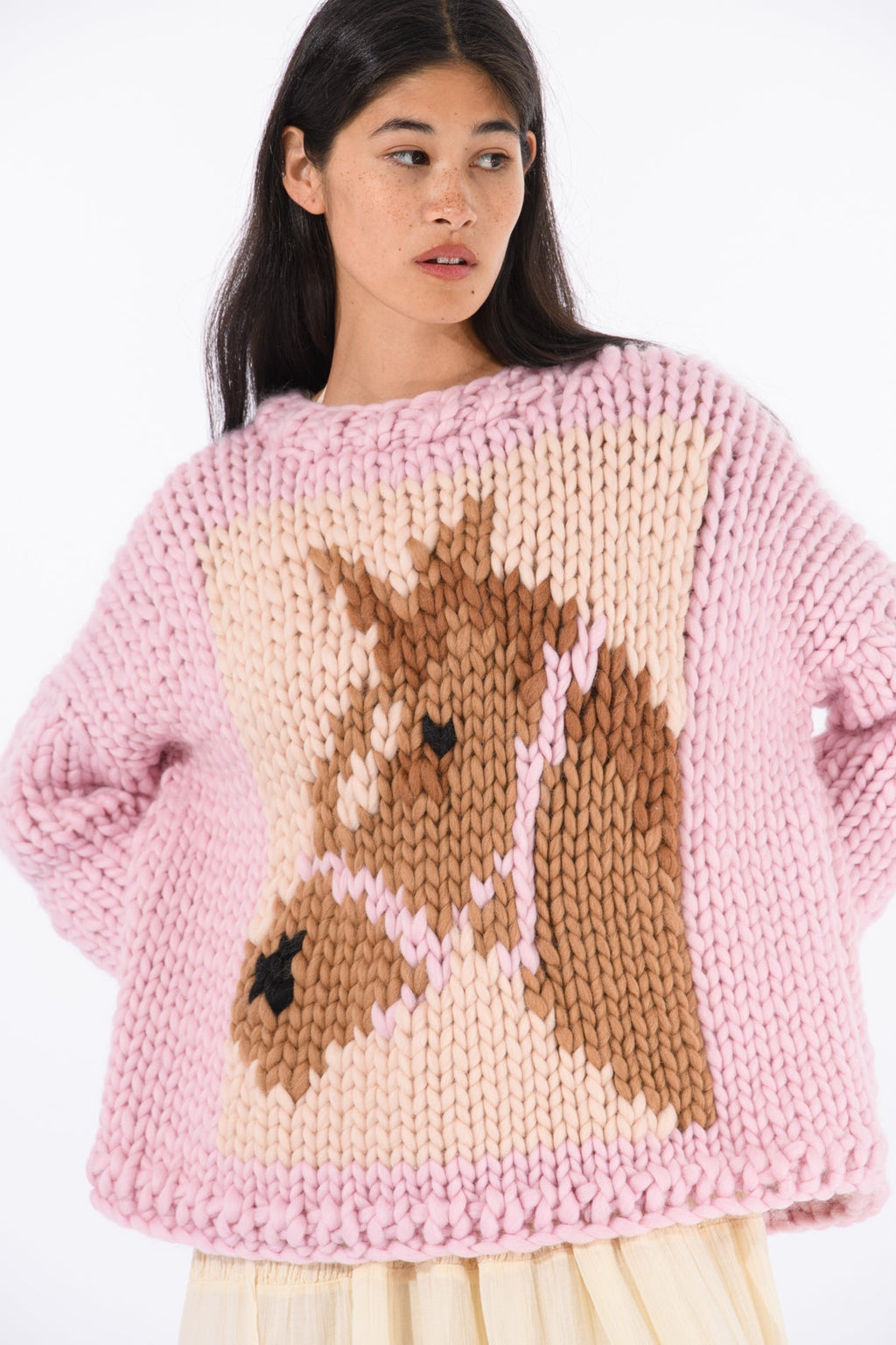 Klarza pink chunky knit sweater with horse graphic – additional view 5
