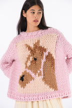 Klarza pink chunky knit sweater with horse graphic – additional view 5