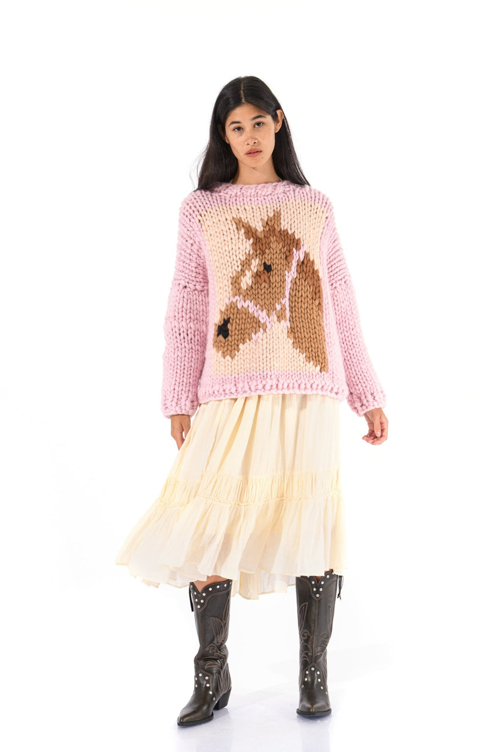 Klarza pink chunky knit sweater with horse graphic – additional view 6