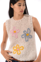 Klarza beige fluffy knit vest with daisy embroidery – additional view 1