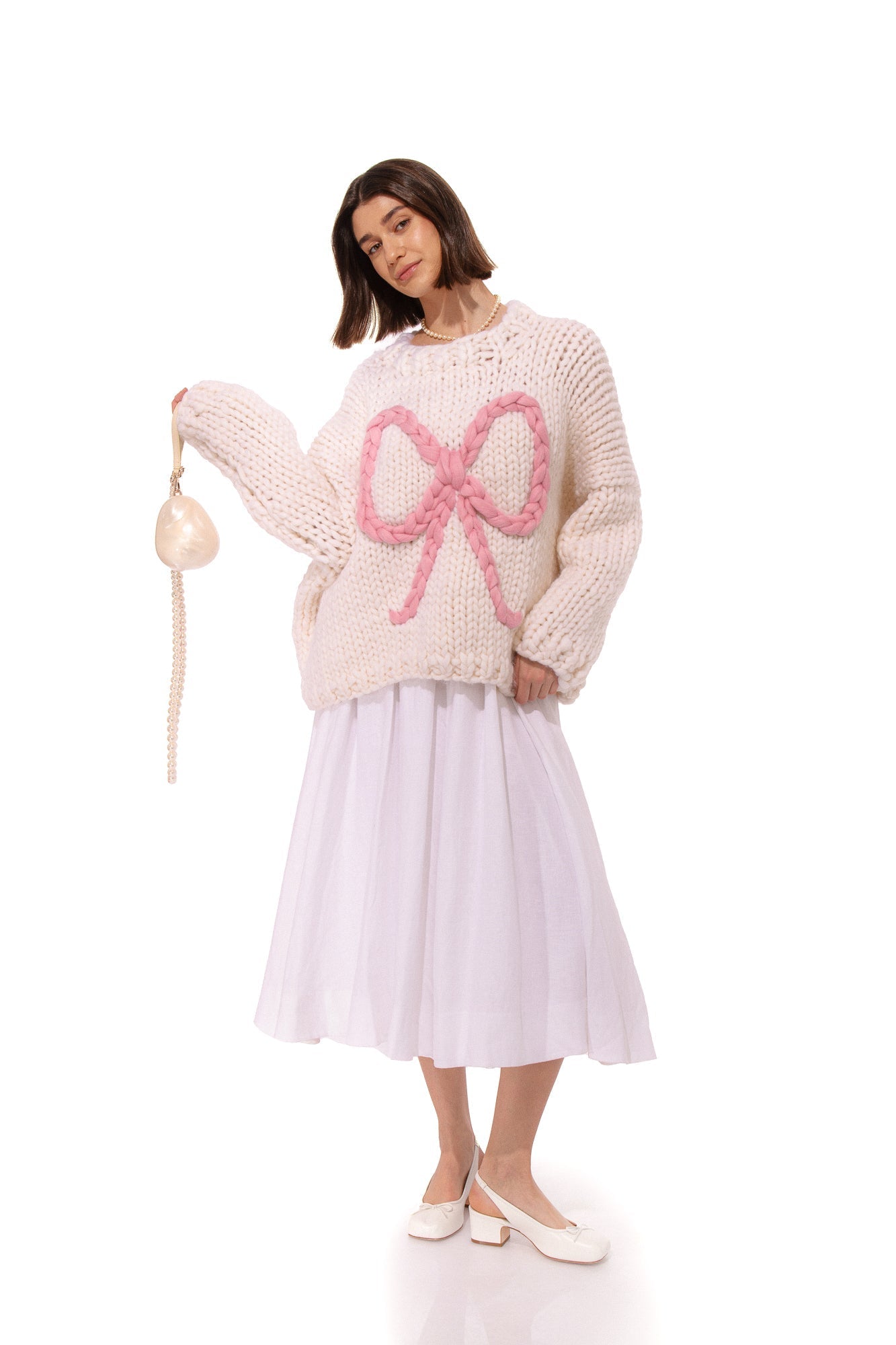 Klarza cream chunky knit sweater with pink bow – additional view 3