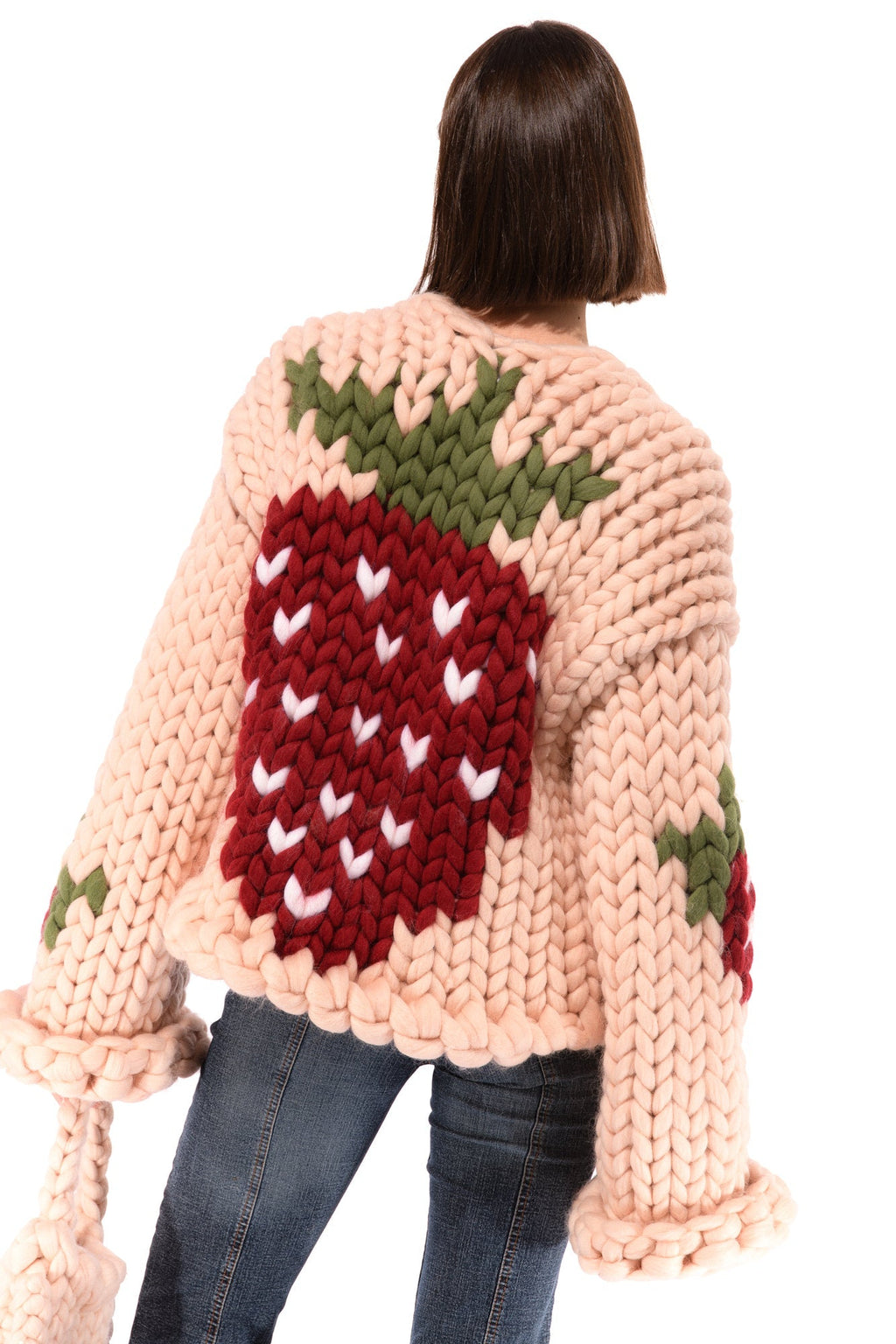 Klarza light peach chunky knit cardigan with strawberry graphic – additional view 3