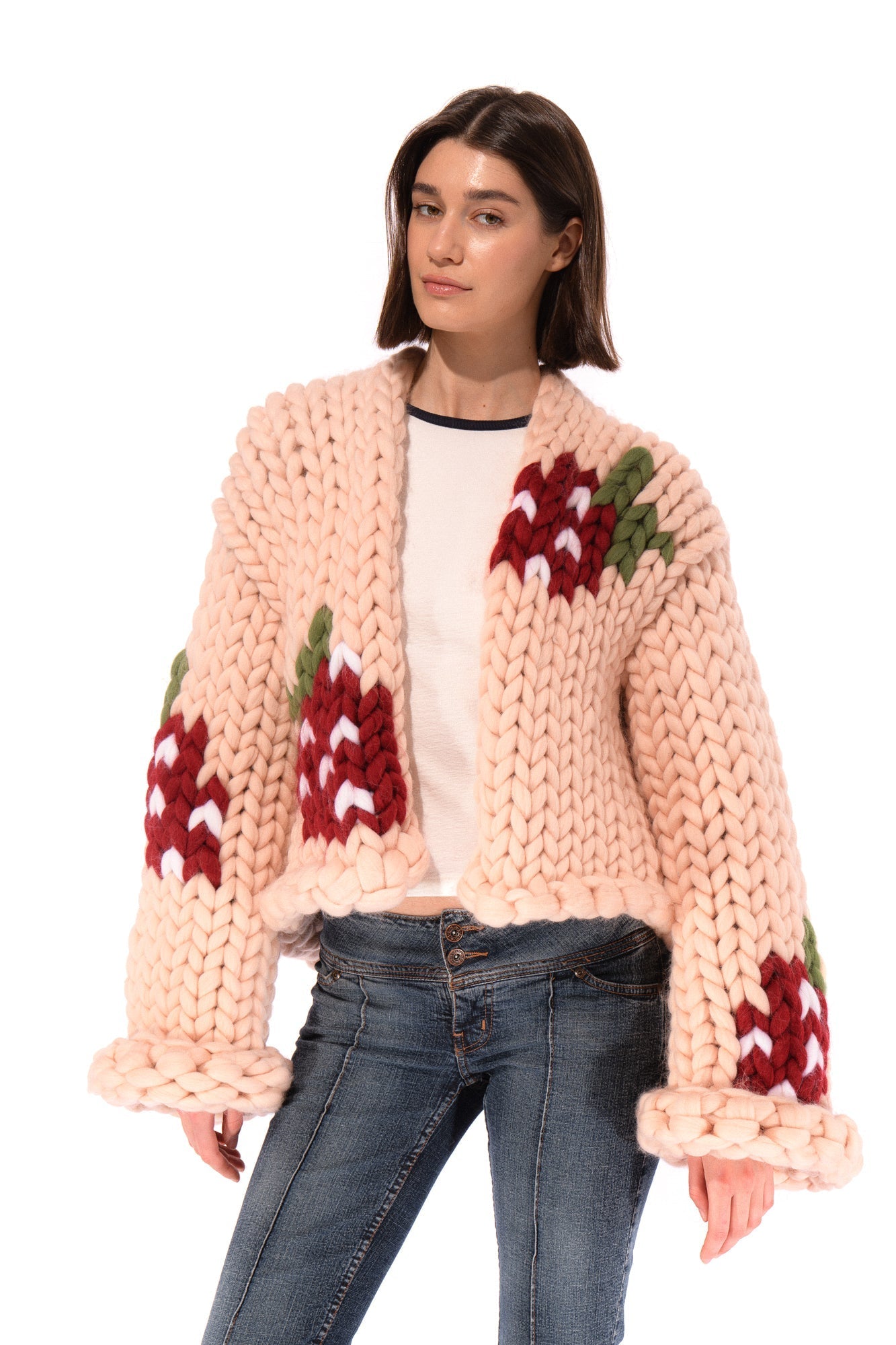 Klarza light peach chunky knit cardigan with strawberry graphic – additional view 4