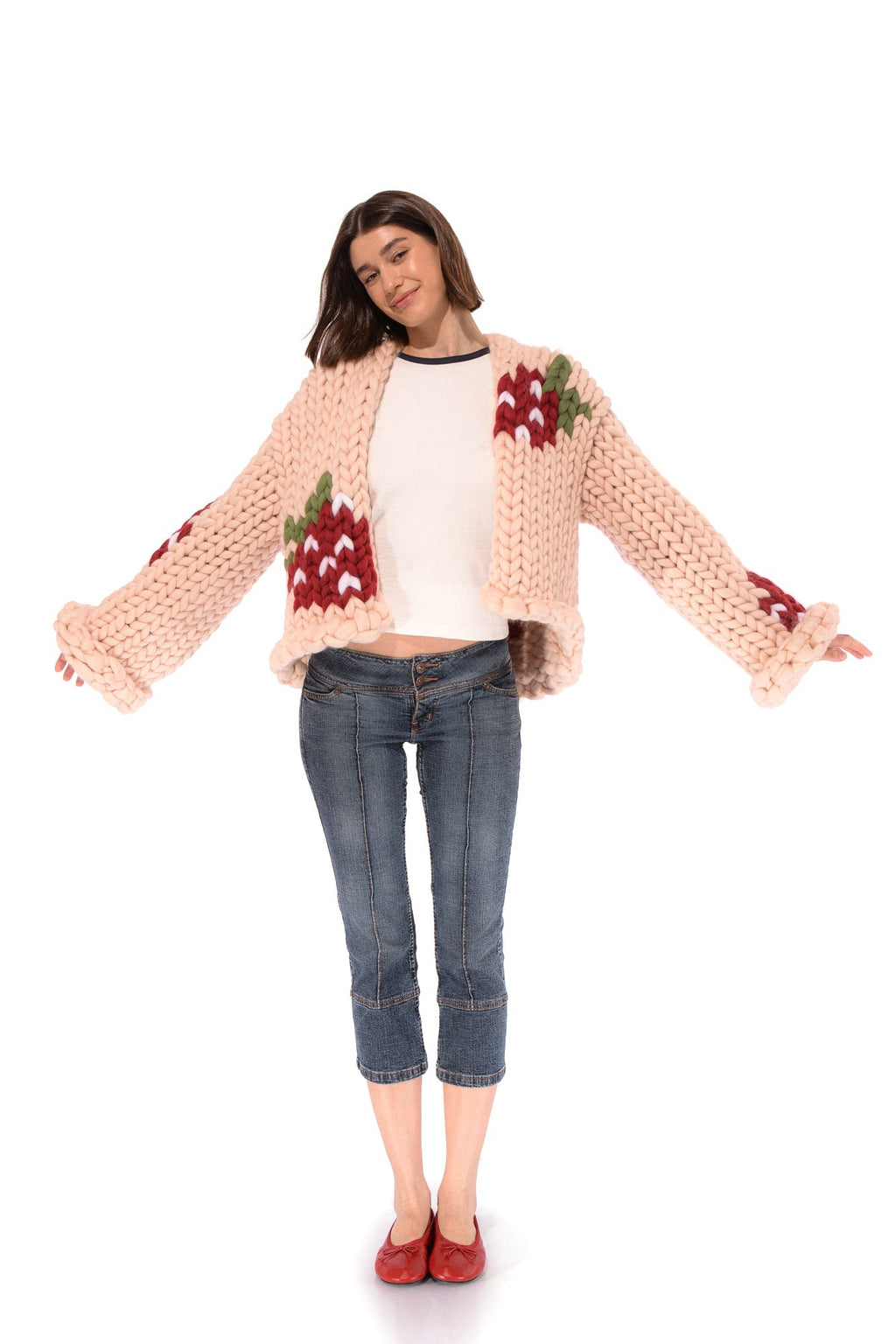 Klarza light peach chunky knit cardigan with strawberry graphic – additional view 2