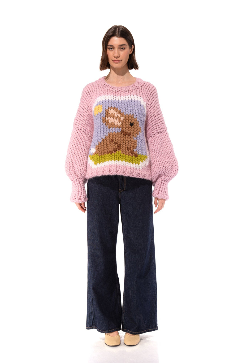 Klarza pink chunky knit sweater with bunny graphic – additional view 1