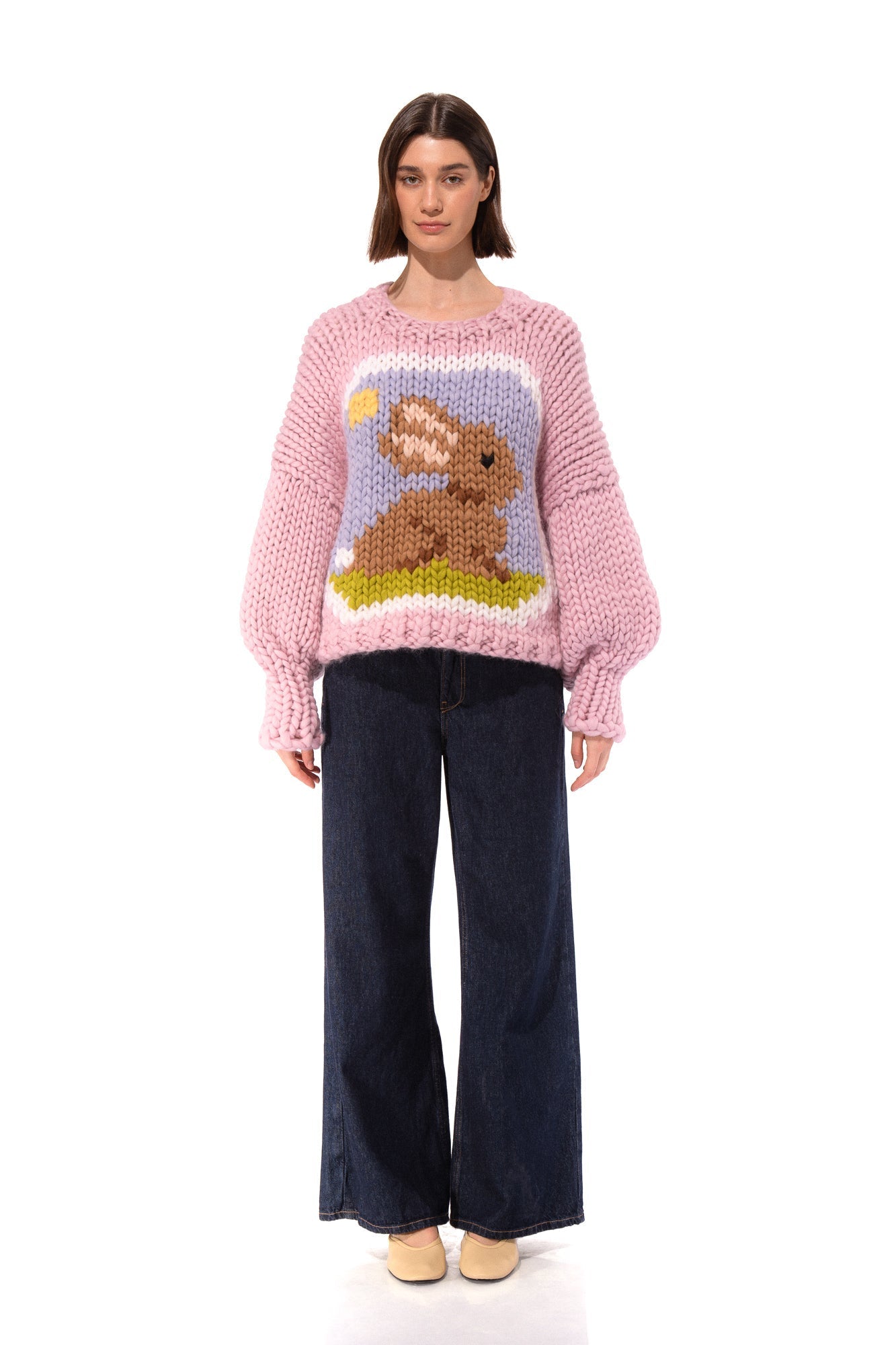 Klarza pink chunky knit sweater with bunny graphic – additional view 1