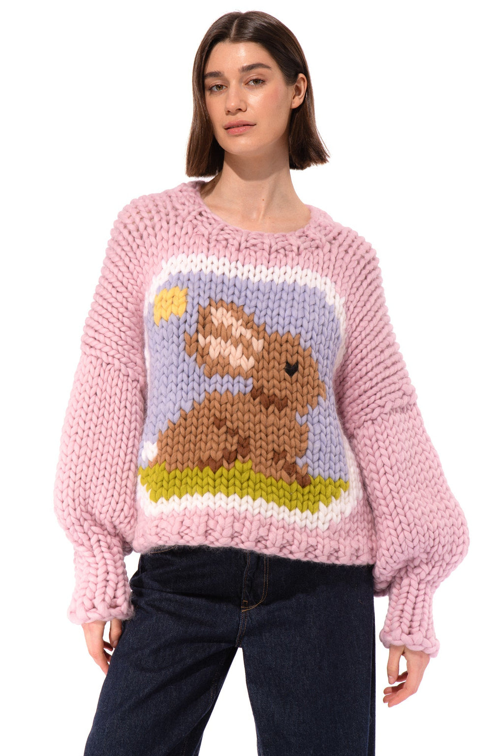 Klarza pink chunky knit sweater with bunny graphic – additional view 2