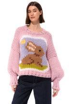 Klarza pink chunky knit sweater with bunny graphic – additional view 2