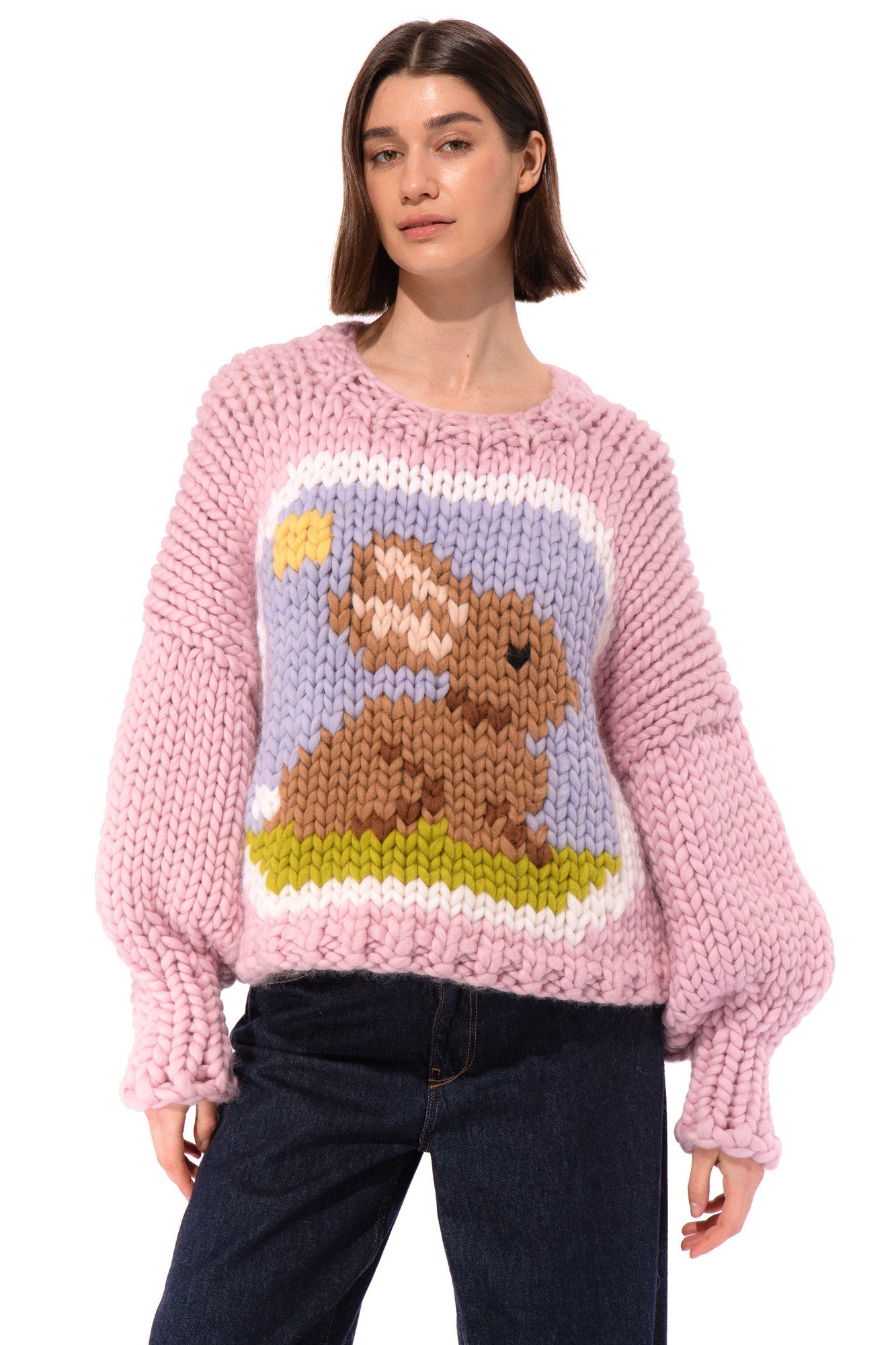 Klarza pink chunky knit sweater with bunny graphic – additional view 2