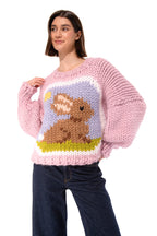 Klarza pink chunky knit sweater with bunny graphic – additional view 4