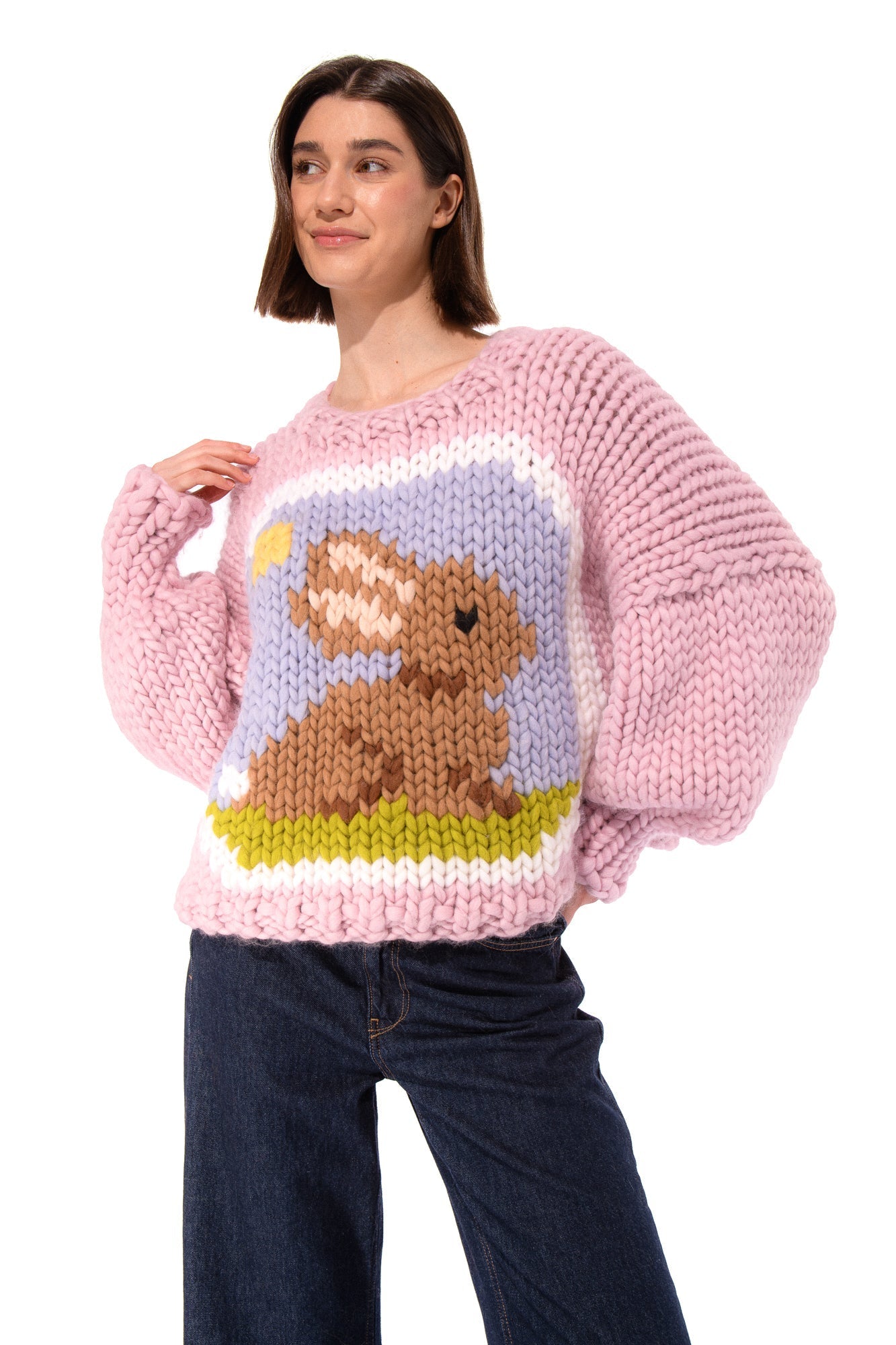 Klarza pink chunky knit sweater with bunny graphic – additional view 4
