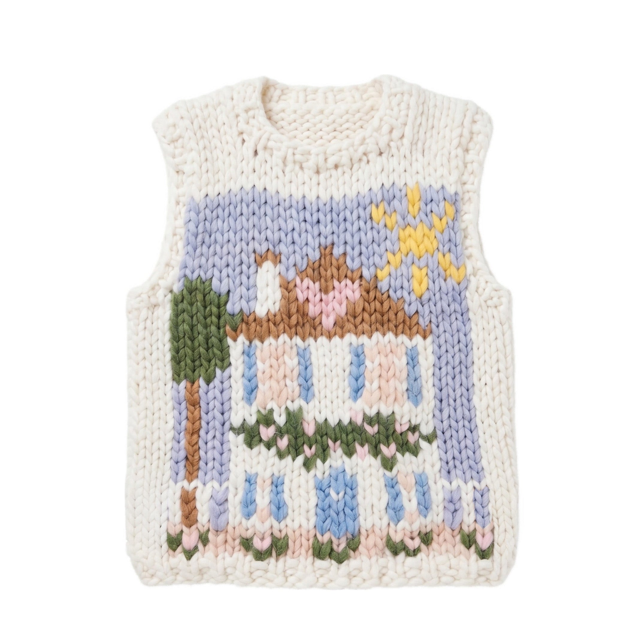Klarza chunky knit merino wool vest with house graphic in white