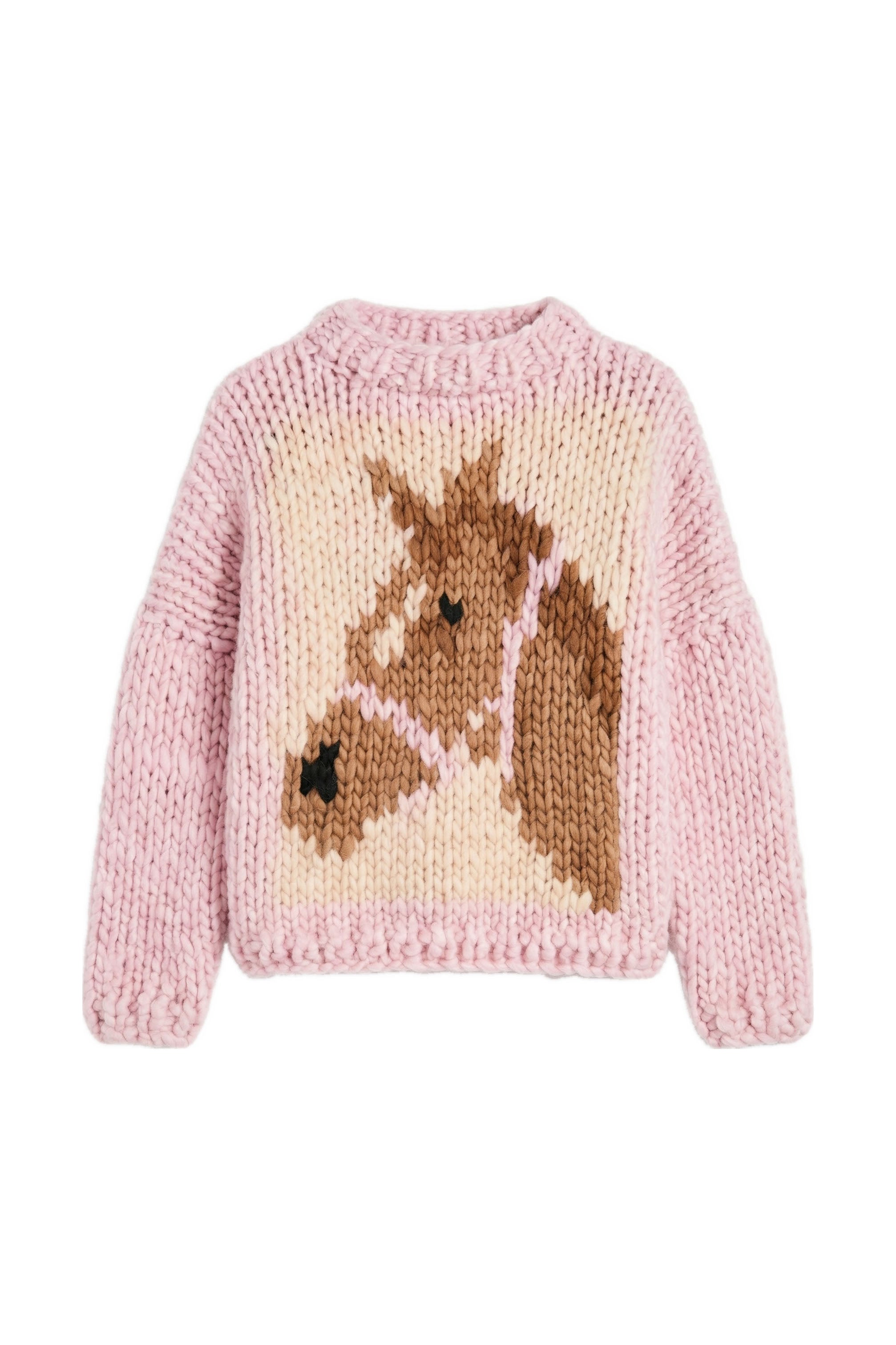 Klarza chunky knit merino wool sweater with horse graphic in pink