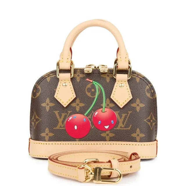 Nano Alma Mini Handbag Brown Monogram Cherry Print Coated Canvas Gold-Tone Hardware