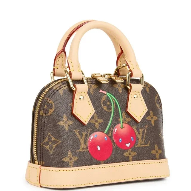 Nano Alma Mini Handbag Brown Monogram Cherry Print Coated Canvas Gold-Tone Hardware