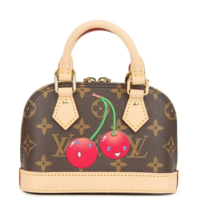 Nano Alma Mini Handbag Brown Monogram Cherry Print Coated Canvas Gold-Tone Hardware