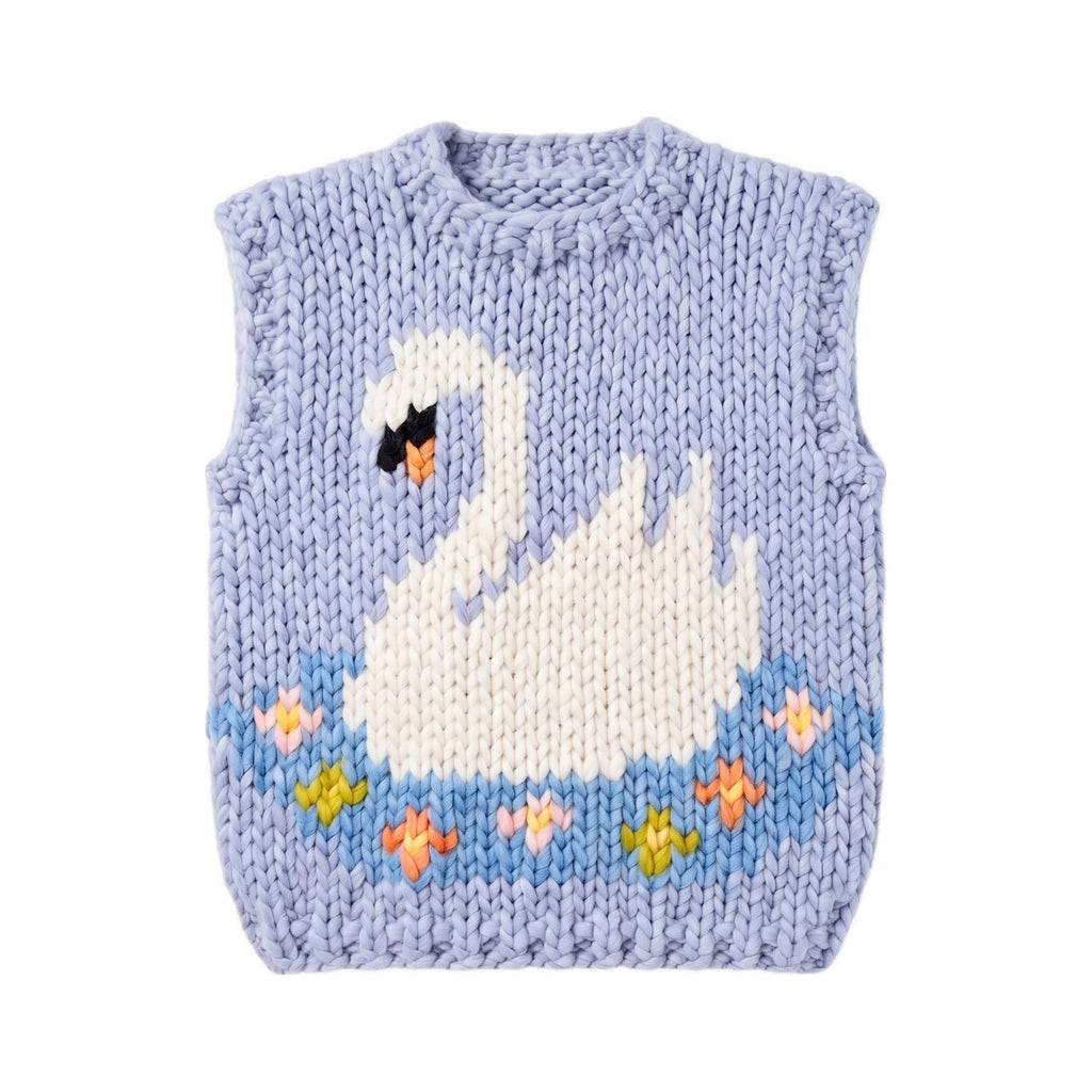 Klarza chunky knit merino wool vest with swan graphic in blue
