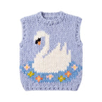 Klarza chunky knit merino wool vest with swan graphic in blue