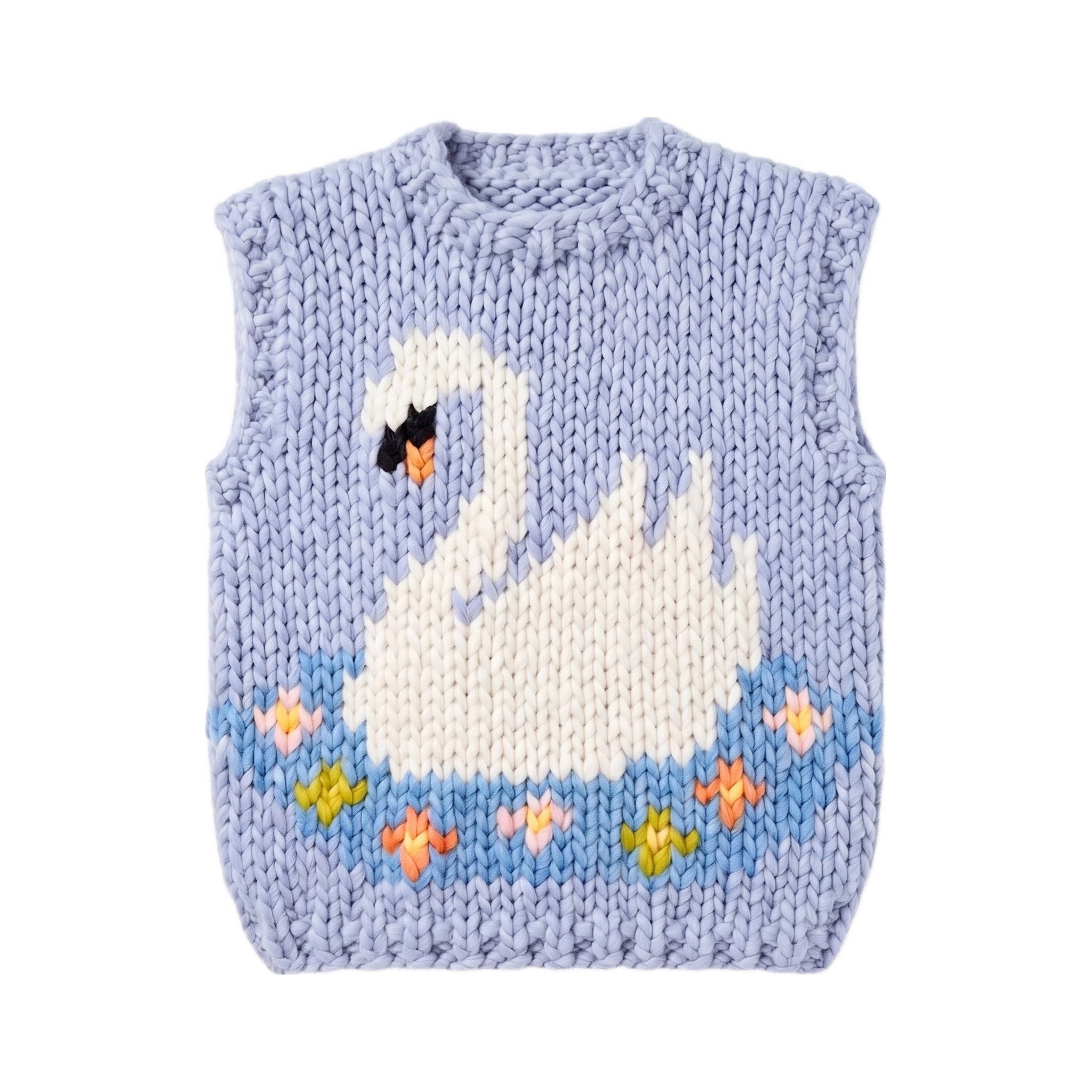 Klarza chunky knit merino wool vest with swan graphic in blue