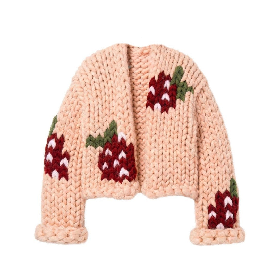 Klarza oversized chunky knit wool cardigan with strawberry graphic