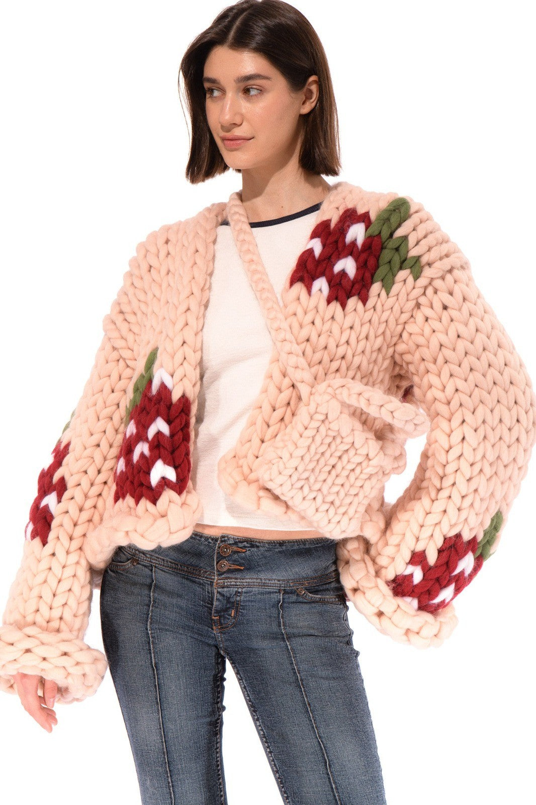 Klarza light peach chunky knit cardigan with strawberry graphic – additional view 6