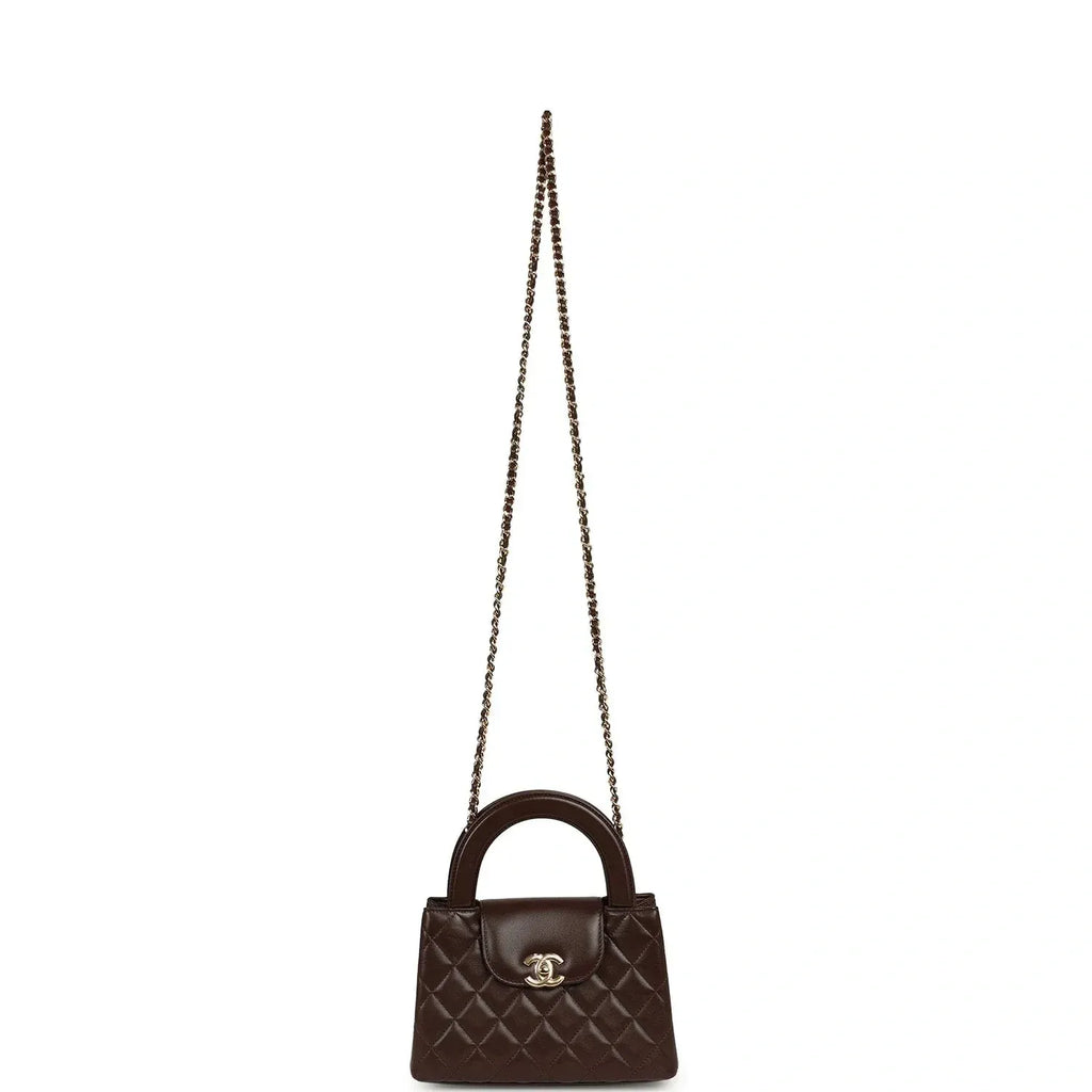 Small Kelly Shopper Dark Brown Lambskin Leather Gold-Tone Hardware