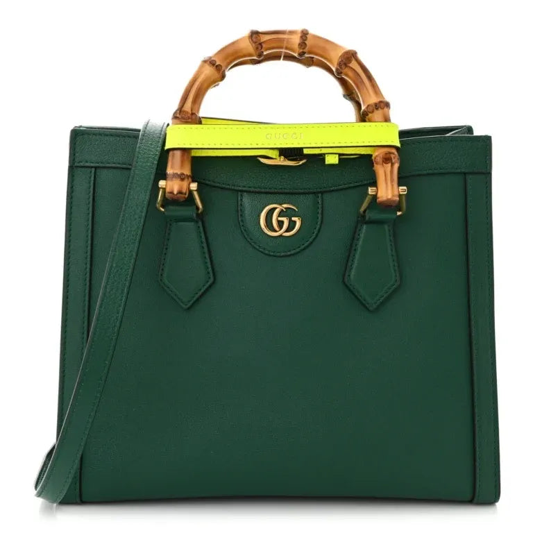 Small Diana Tote Bag Green Grain Calfskin Leather Yellow Fluo