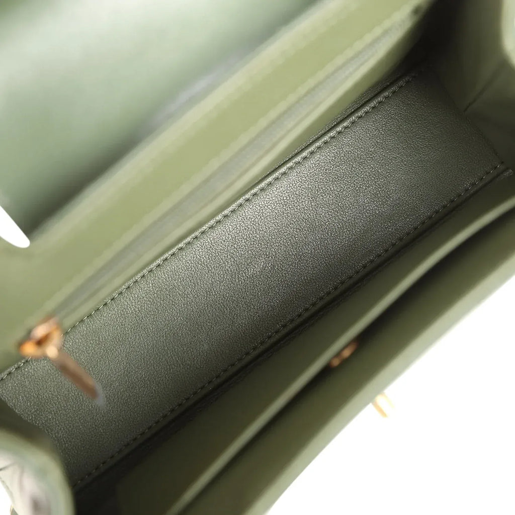 Small Kelly Shopper Khaki Shiny Aged Calfskin Leather Brushed Gold-Tone Hardware