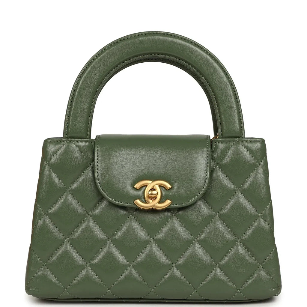 Small Kelly Shopper Khaki Shiny Aged Calfskin Leather Brushed Gold-Tone Hardware